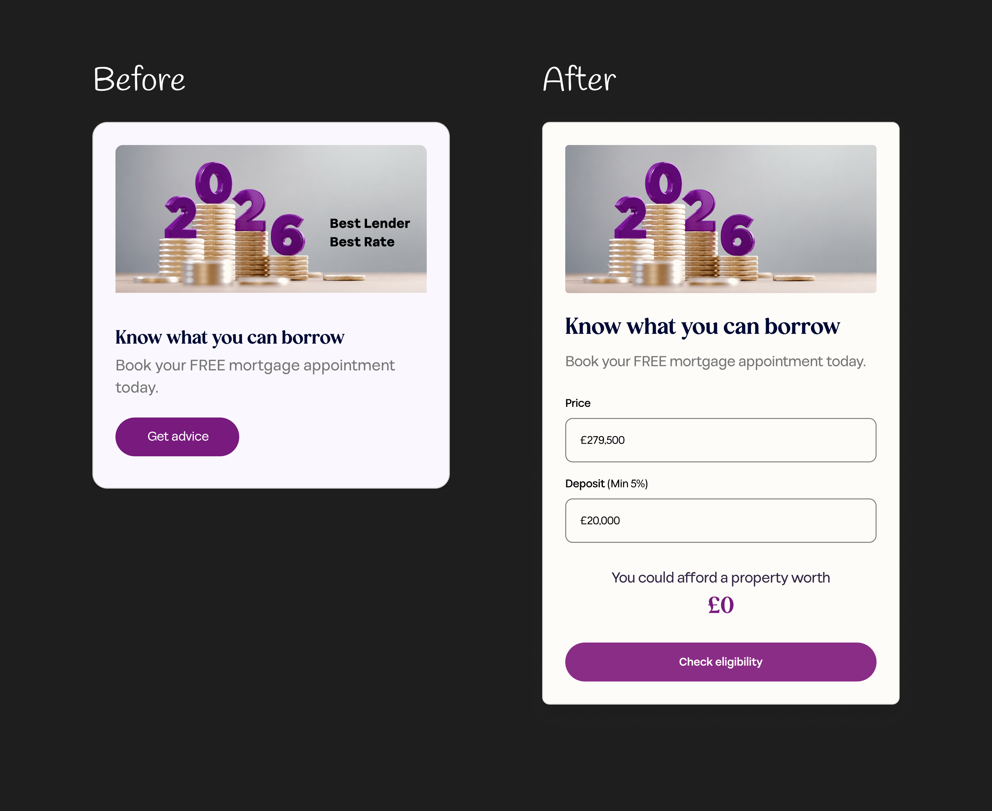 Before and after of the mortgage calculator, now embedded in the listing