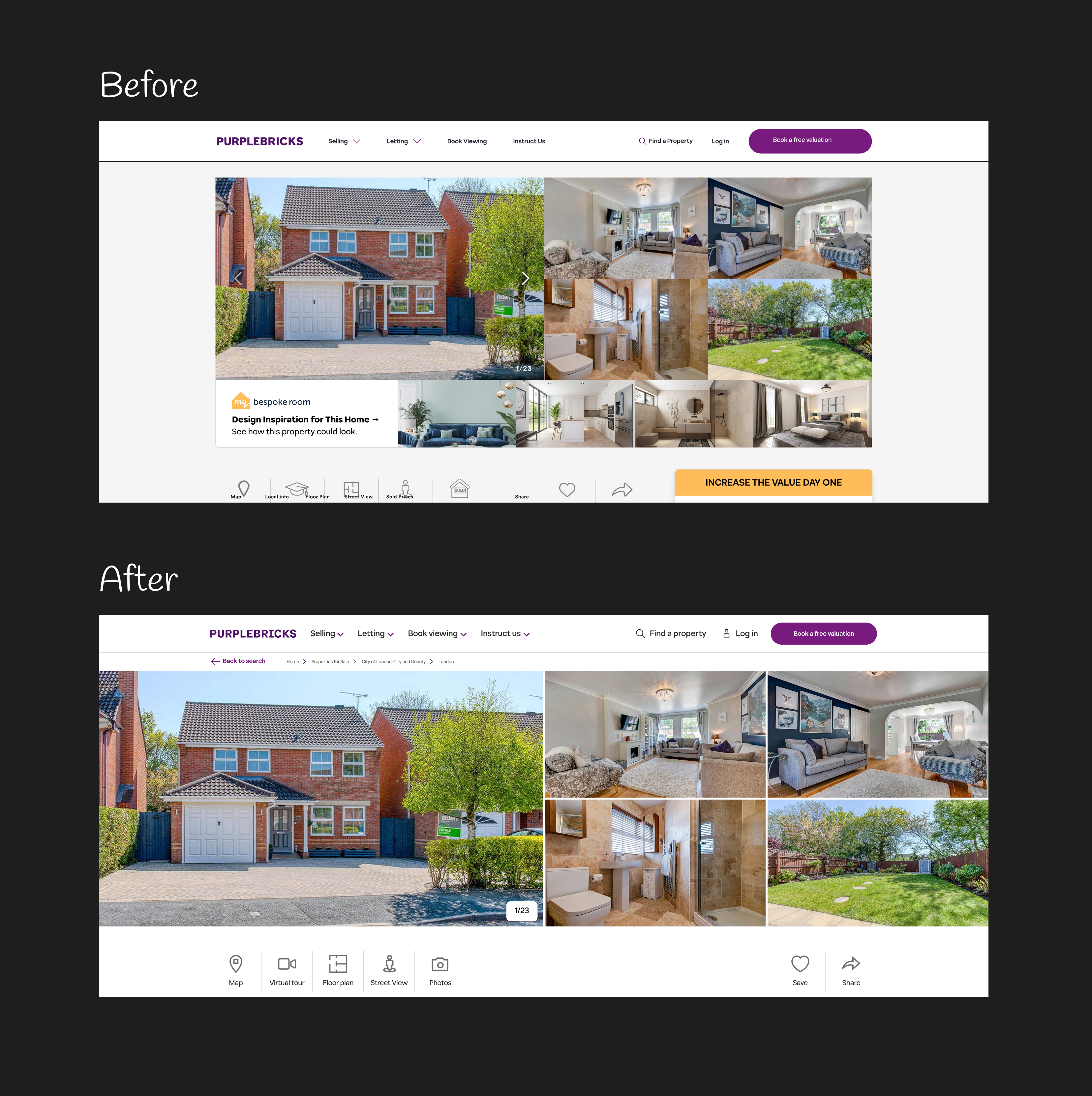 Before and after of the listing gallery, with a larger photo banner