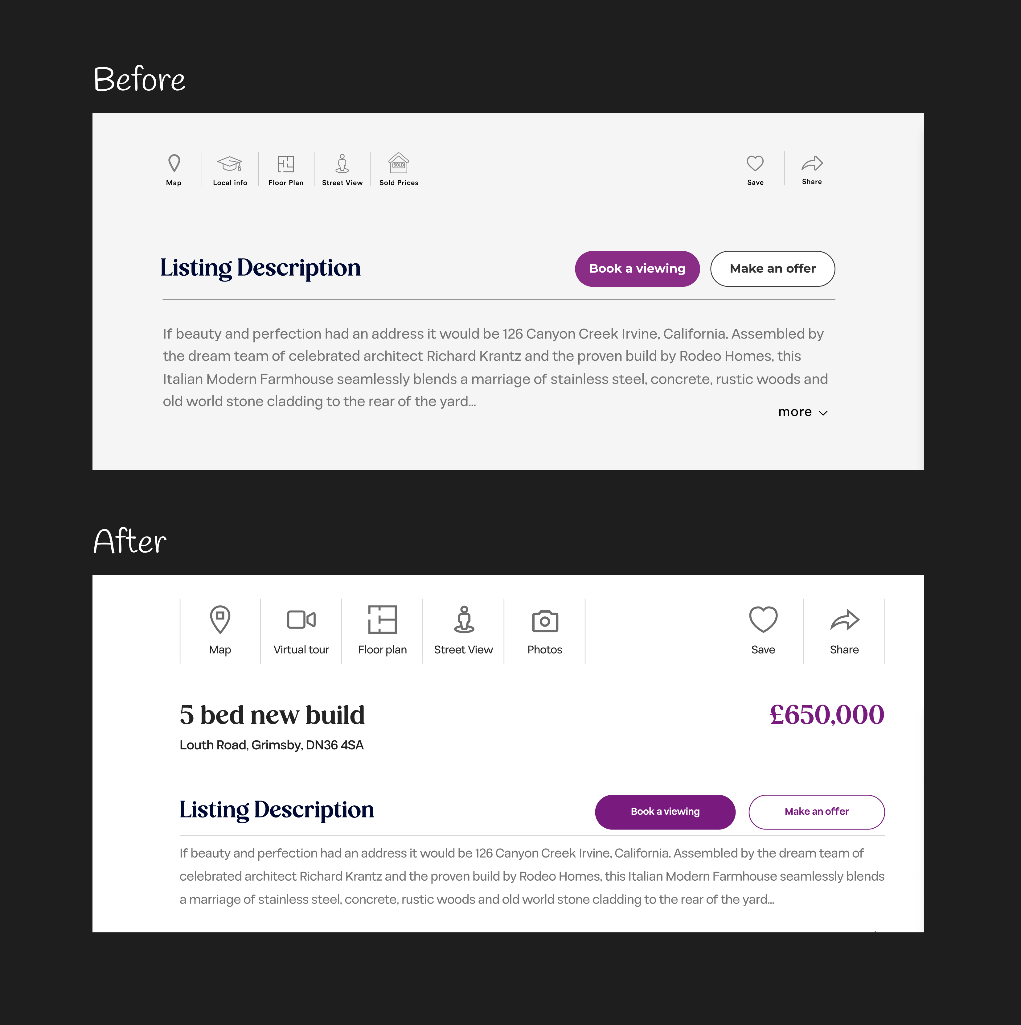 Before and after of the listing header, with title, address, and price moved to the top