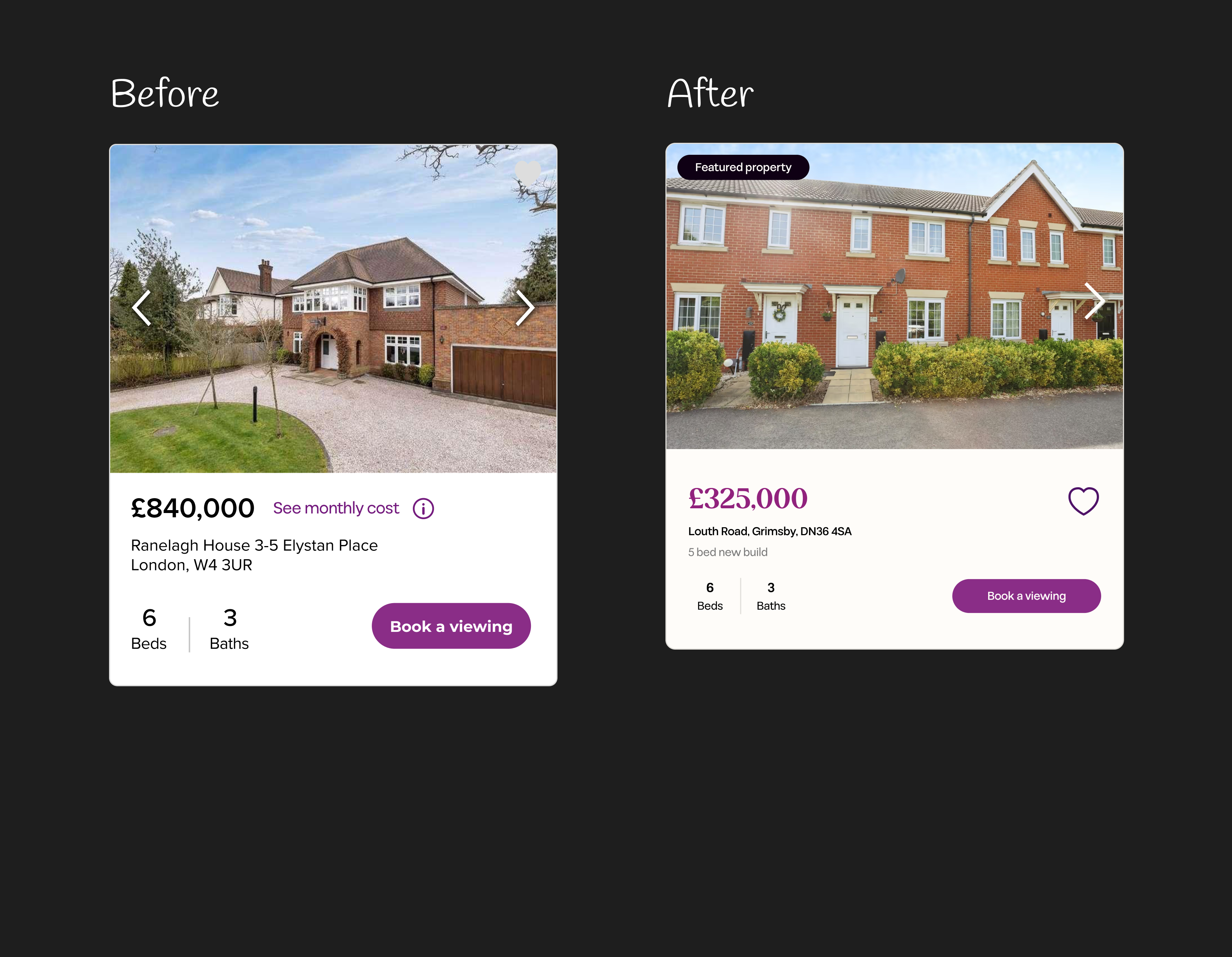 Before and after of listing cards, with the brand typeface used for price