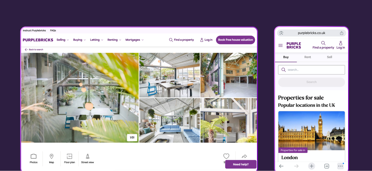 Purplebricks property listing on desktop and search on mobile