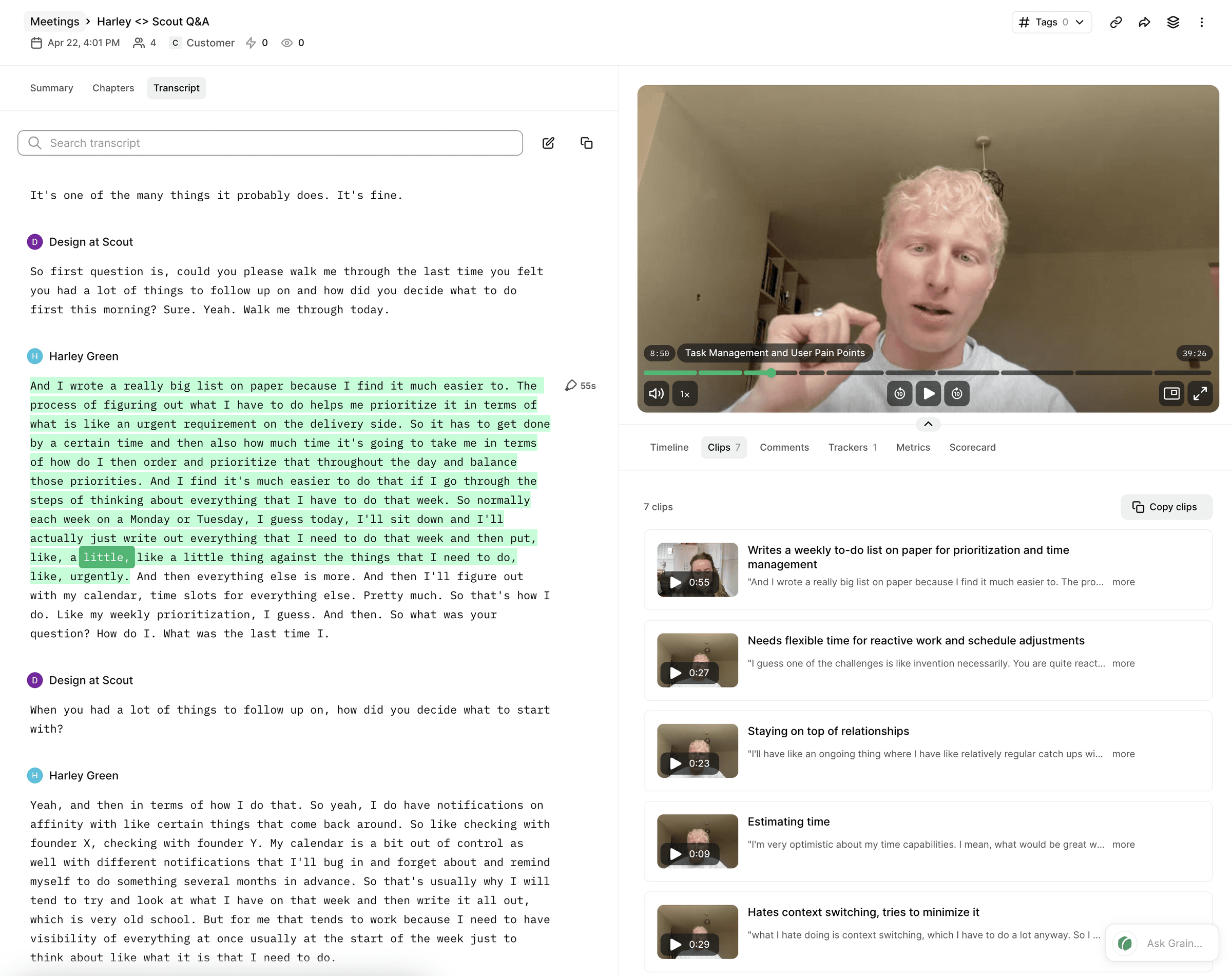 Grain interview analysis with transcript highlights and notes
