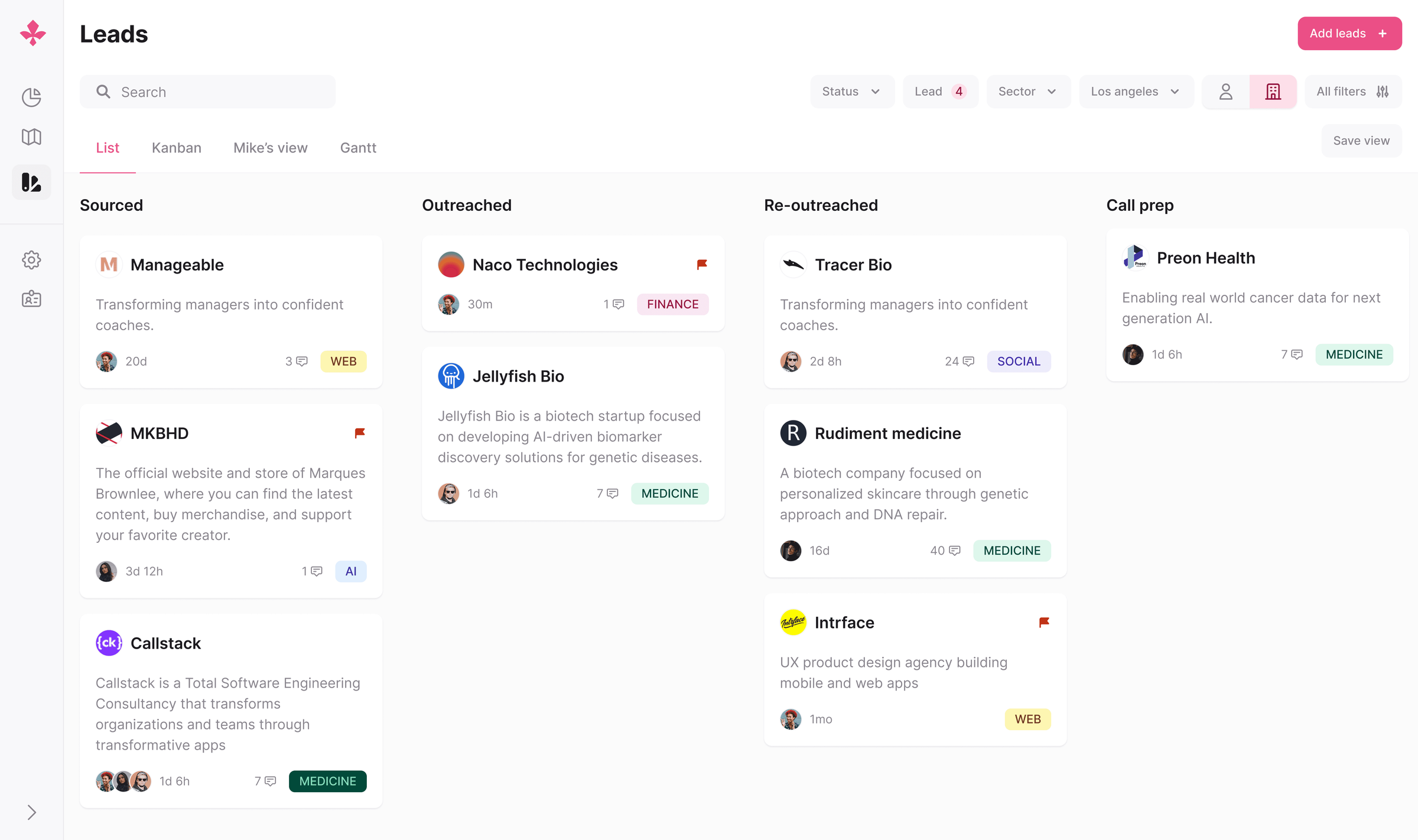 Scout leads board in kanban view, with sourced and outreached companies