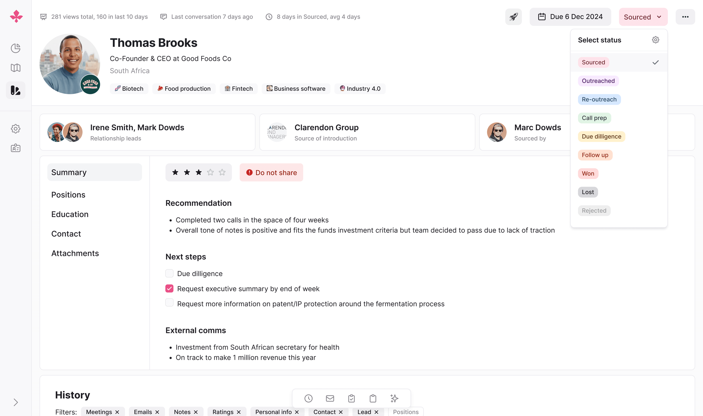 Scout contact profile for a founder, with summary, next steps, and history