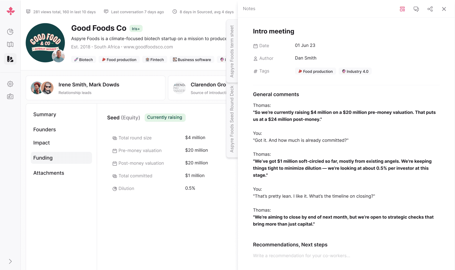Scout deal view with a split notes panel for call transcripts