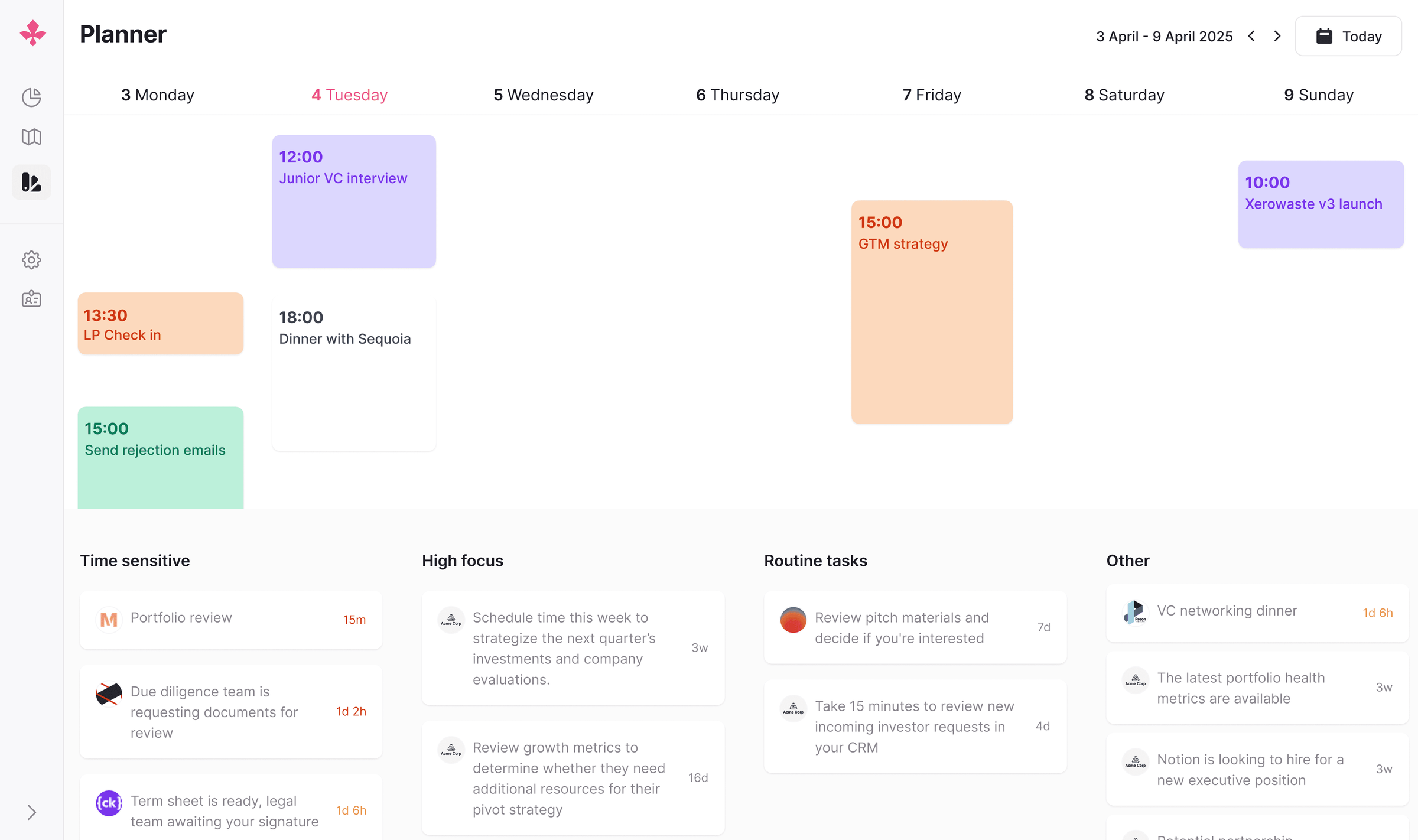 Scout planner with a weekly calendar and prioritised task columns